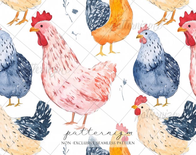 Seamless Watercolor Chicken Pattern Digital Download – Whimsical Farmhouse Hen & Rooster Design, Country Life Fabric for Kitchen Kids