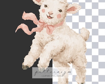 Watercolor Lamb Clipart PNG – Cute Baby Sheep with Pink Bow, Painted Farm Animal Illustration for Sublimation, Nursery & Crafts