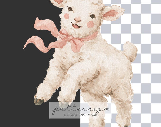Watercolor Lamb Clipart PNG – Cute Baby Sheep with Pink Bow, Painted Farm Animal Illustration for Sublimation, Nursery & Crafts