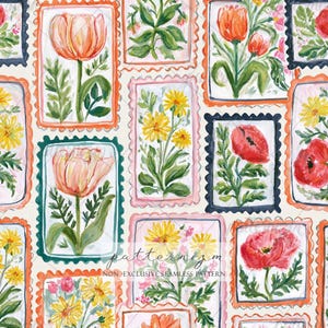 Seamless Floral Stamp Pattern Digital Download – Botanical Tulip & Poppy Design, Spring Postage Print, Whimsical Fabric for Kids Crafts