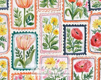 Seamless Floral Stamp Pattern Digital Download – Botanical Tulip & Poppy Design, Spring Postage Print, Whimsical Fabric for Kids Crafts
