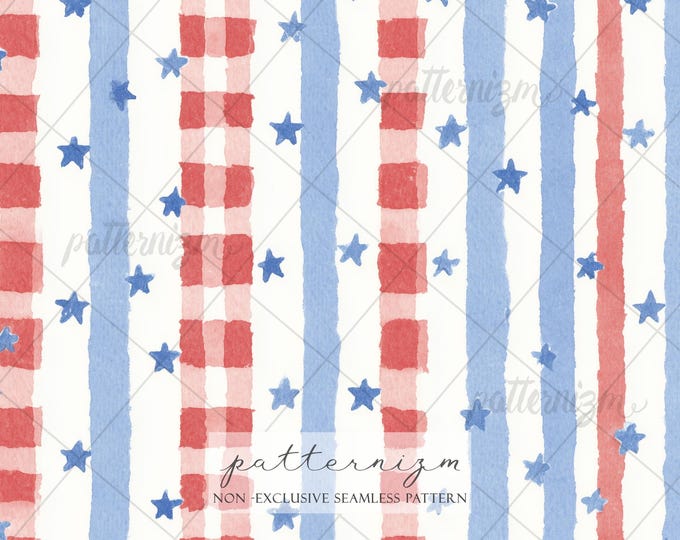 Seamless Patriotic Stripe Pattern Digital Download – 4th of July Americana Stars & Gingham Design, Red Blue Watercolor Fabric