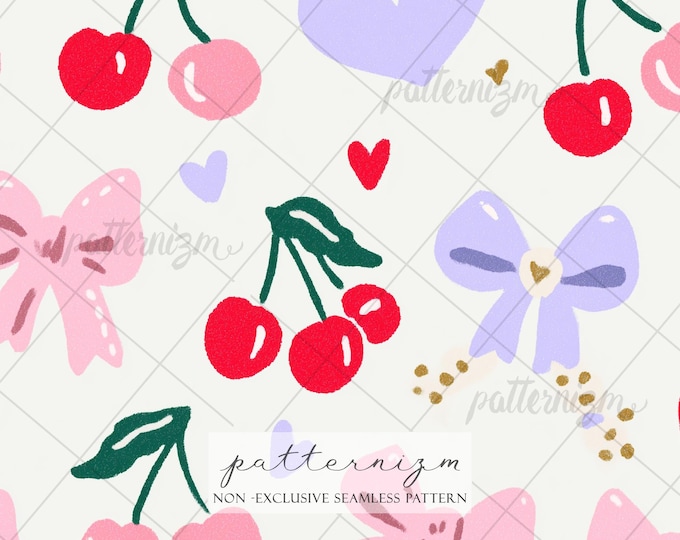 Pink Coquette Bow Seamless Pattern - Cute Ribbon Cherry Design, Soft Pastel Girl Nursery Fabric, Whimsical Shabby Chic Digital Download