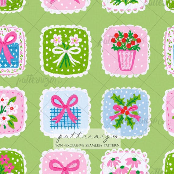 Coquette Floral Patchwork Seamless Pattern Digital Download – Ribbon & Cottagecore Quilt Design, Girly Fabric Print