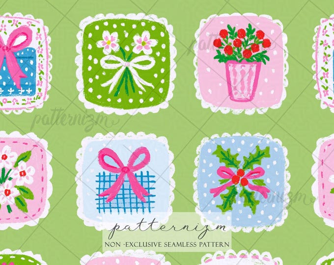 Coquette Floral Patchwork Seamless Pattern Digital Download – Ribbon & Cottagecore Quilt Design, Girly Fabric Print