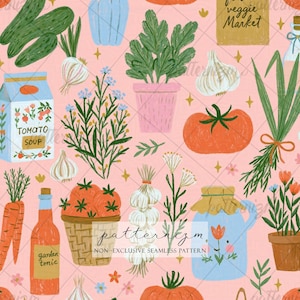 May include: Seamless pattern featuring hand-drawn illustrations of garden vegetables and herbs, including tomatoes, garlic, carrots, and potted plants. The text "veggie market" and "garden tonic" are visible. The background is a soft pink.