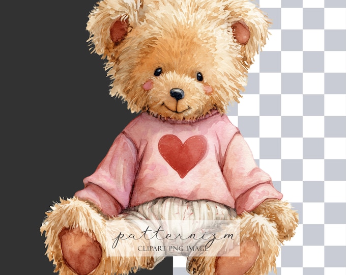 Watercolor Teddy Bear Clipart PNG – Cute Plush Bear with Pink Heart Sweat, Valentines Painted Baby Animal Illustration Sublimation & Crafts