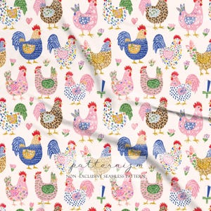 May include: A repeating pattern of colorful roosters and hens on a cream background. The roosters and hens are decorated with floral and patterned designs in shades of pink, blue, yellow, and brown. The text "patternizm" and "NON-EXCLUSIVE SEAMLESS PATTERN" are visible.
