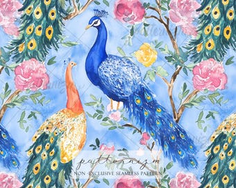 Motif paon sans couture en téléchargement numérique – élégants paons aquarelles avec fleurs, impression de luxe oiseau sur tissu