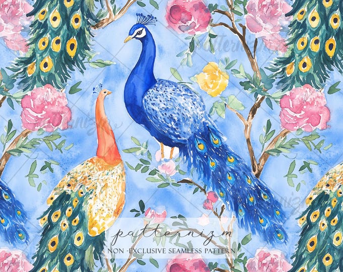 Seamless Peacock Pattern Digital Download – Elegant Watercolor Peacocks with Flowers, Luxury Bird Fabric Print