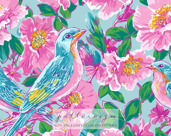 Tropical Bird Seamless Pattern – Blue and Pink Mockingbird with Bright Florals, Artist Inspired Colorful Flowers Digital Paper, Scrapbook