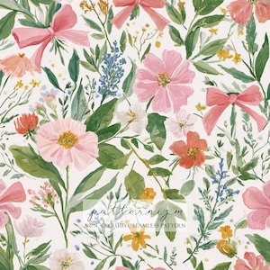 May include: Watercolor floral pattern featuring pink flowers, bows, and greenery on a white background. The design includes various flower types, including pink, orange, and white blooms, with green leaves and blue accents. The text "patternizm" is visible.