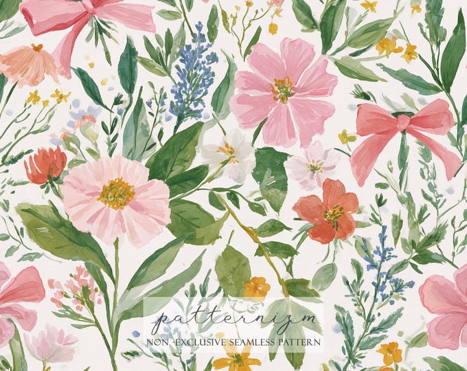 Watercolor Bow Floral Seamless Pattern – Pink Ribbon Wildflowers Repeat Design, Cottagecore Coquette Digital Paper