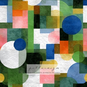 May include: Abstract watercolor pattern featuring geometric shapes in a variety of colors. The design includes squares, rectangles, and circles in shades of green, blue, pink, orange, and yellow. The text "patternizm" and "NON EXCLUSIVE SEAMLESS PATTERN" are visible.