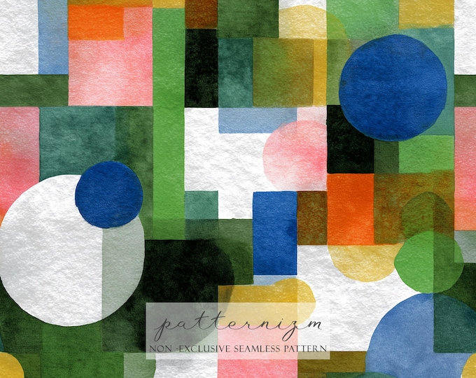 Abstract Geometric Seamless Pattern – Watercolor Squares & Circles in Green, Pink, Blue, Digital Paper for Modern Design Projects