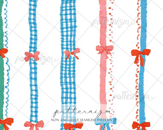 Seamless Coquette Ribbon Stripe Pattern Digital Download – Watercolor Gingham Bow Design, Feminine Pastel Print, Cottagecore Fabric