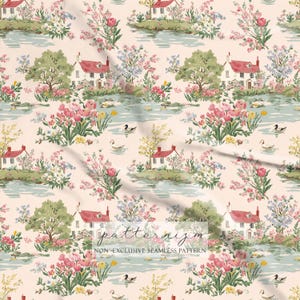 May include: A seamless pattern featuring a quaint village scene with houses, trees, and a lake. The design includes pink, red, and yellow flowers, with ducks swimming in the water. The text "patternizm" and "NON-EXCLUSIVE SEAMLESS PATTERN" are visible.