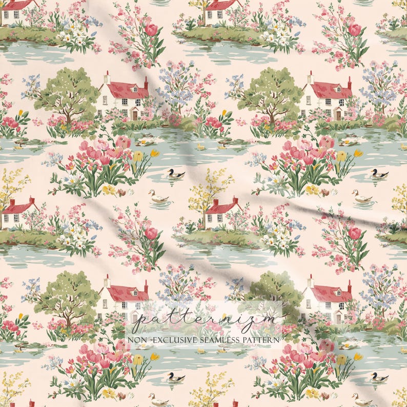 May include: A seamless pattern featuring a quaint village scene with houses, trees, and a lake. The design includes pink, red, and yellow flowers, with ducks swimming in the water. The text "patternizm" and "NON-EXCLUSIVE SEAMLESS PATTERN" are visible.
