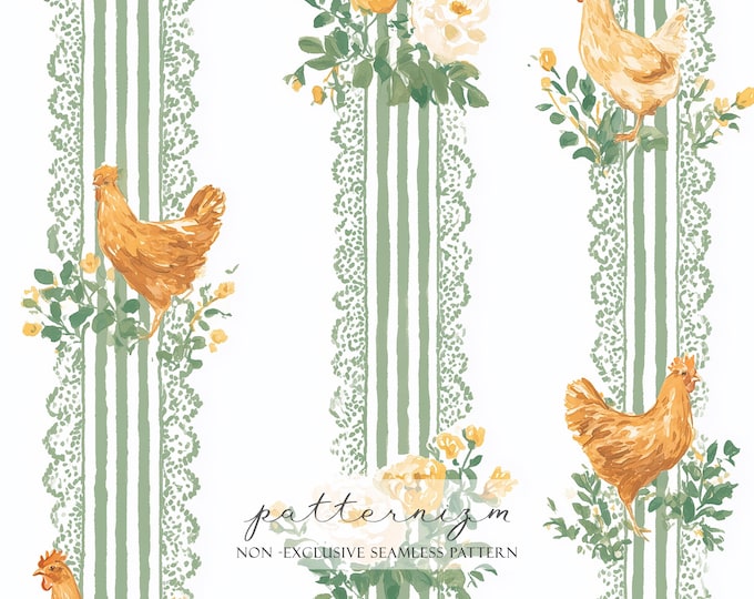 Watercolor Chicken Stripe Seamless Pattern Digital Paper – Farmhouse Hen Design with Sage Green Stripes