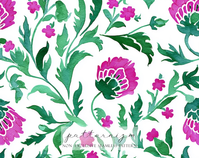 Watercolor Pink Floral Seamless Pattern – Green Leaves, Painterly Vintage Flowers, Digital Paper for Fabric & Crafts