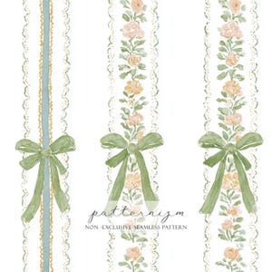 May include: Watercolor seamless pattern featuring vertical stripes with floral and bow designs. The stripes include light green bows, peach-colored roses, and a light blue ribbon. The text "patternizm" is also present.