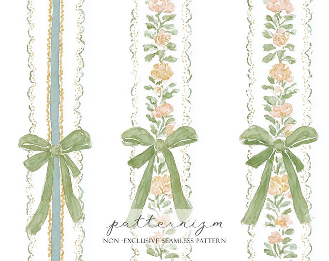Watercolor Green Bow Stripe Seamless Pattern – Vintage Ribbon Floral Border Repeat, Elegant Cottage Garden Fabric