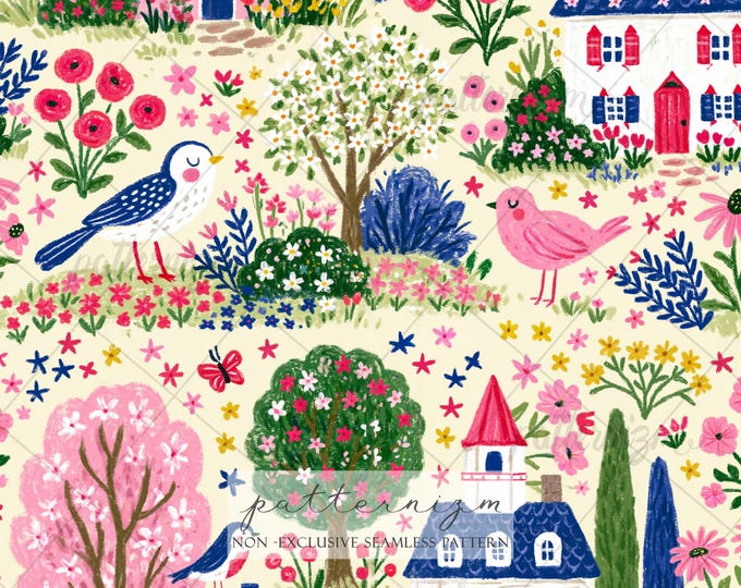 Patriotic Cottagecore Seamless Pattern Digital Download – Americana Floral Village Print for Fabric & 4th of July Decor