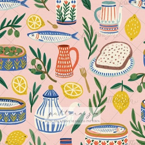 May include: Seamless pattern featuring sardines, lemons, olives, and various kitchenware like a teapot and pitcher, set against a pink backdrop. The design includes the text "patternizm" and "NON-EXCLUSIVE SEAMLESS PATTERN".