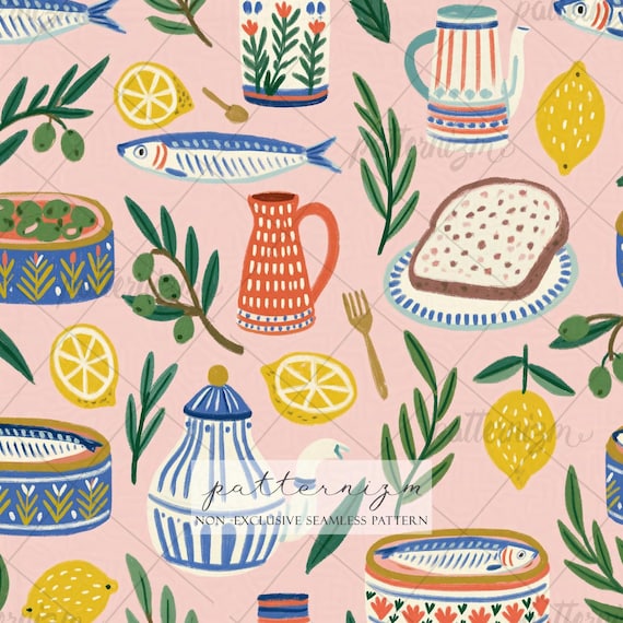 Mediterranean Lemon Sardine Seamless Pattern Digital Download – Coastal Fish & Olive Kitchen Fabric Print