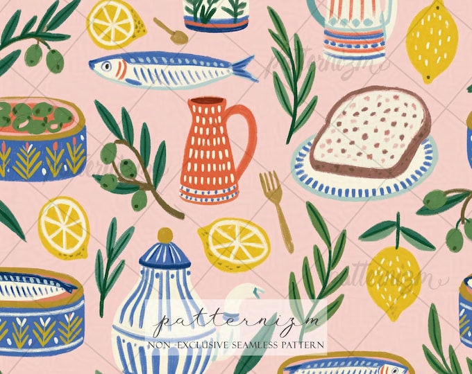 Mediterranean Lemon Sardine Seamless Pattern Digital Download – Coastal Fish & Olive Kitchen Fabric Print