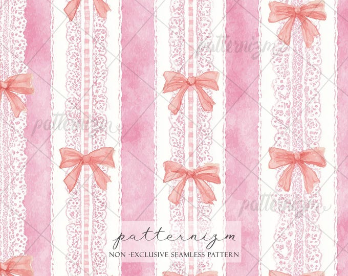 Seamless Pink Coquette Lace Pattern Digital Download – Watercolor Bow Stripe Wallpaper, Feminine Ribbon Fabric Design
