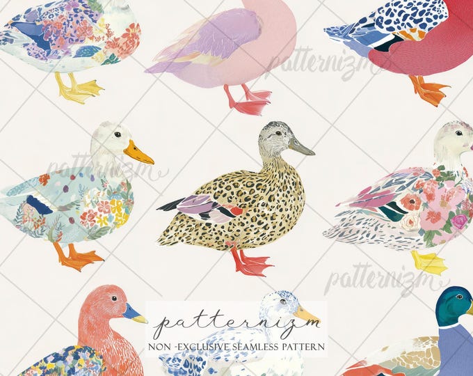 Seamless Colorful Duck Pattern Digital Download – Whimsical Decorative Ducks Illustration, Cottagecore Animal Fabric Print