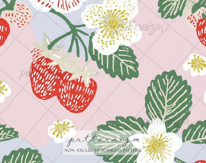 Seamless Strawberry Garden Pattern Digital Download – Cottagecore Berry & Flower Design, Sweet Summer Fruit, Whimsical Kids Fabric, Print