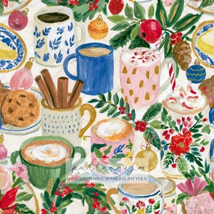 Seamless Christmas Coffee Pattern Digital Download – Holiday Latte Mug Design, Festive Cookie Print, Whimsical Fabric for Kids Crafts