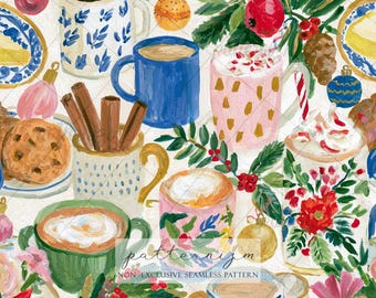 Seamless Christmas Coffee Pattern Digital Download – Holiday Latte Mug Design, Festive Cookie Print, Whimsical Fabric for Kids Crafts
