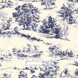 May include: A seamless pattern featuring a detailed illustration of a rural landscape with trees, houses, and a river, rendered in navy blue on a cream background. The text "patternizm" and "NON - EXCLUSIVE SEAMLESS PATTERN" are visible.