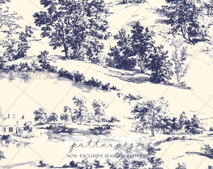 Seamless Toile Countryside Pattern Digital Download – Vintage Blue Rural Landscape Design, Classic French Fabric Print