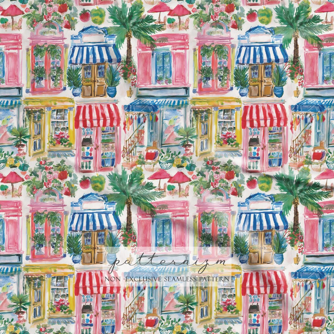 Mediterranean Storefront Seamless Pattern, Colorful Coastal Buildings ...