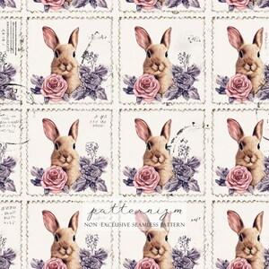 May include: Seamless pattern featuring a repeating design of a brown bunny with pink ears, a pink rose, and purple flowers. The design is set within a postage stamp-like frame. The text "patternizm" is visible.