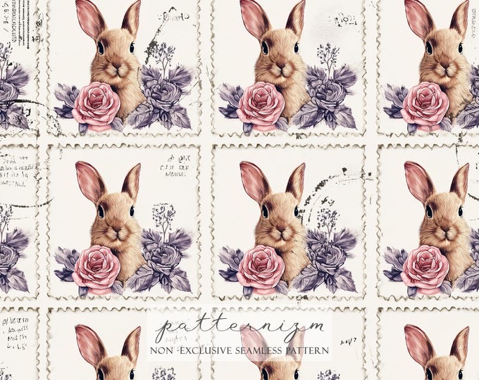 Vintage Bunny Postage Seamless Pattern – Cute Rabbit with Roses and Letters in Stamp Frame, Digital Paper for Easter & Scrapbook