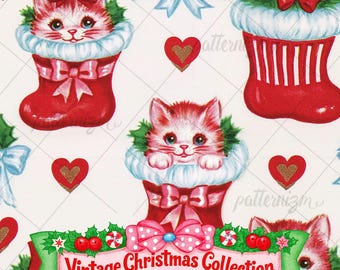 Vintage Christmas Cat Seamless Pattern, Retro Kitten Stocking with Bows, Holiday Fabric, Digital Download