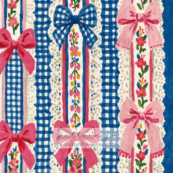 Seamless Coquette Bow Stripe Pattern Digital Download – Pink Floral Ribbon Gingham Print, Cottagecore Fabric & Girly Decor