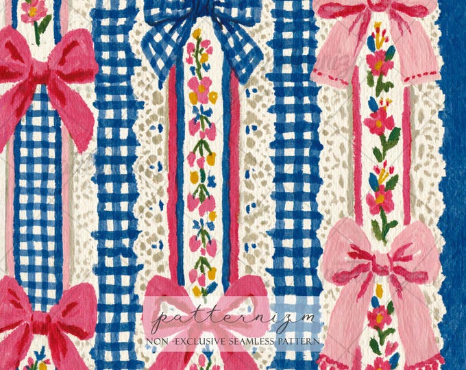 Seamless Coquette Bow Stripe Pattern Digital Download – Pink Floral Ribbon Gingham Print, Cottagecore Fabric & Girly Decor