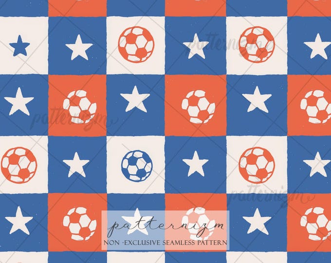 Seamless Patriotic Soccer Pattern Digital Download – Star Checkerboard Football Design, USA Inspired Game Day Fabric Print
