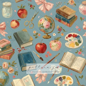 May include: A seamless pattern on a blue background featuring illustrations of red apples, stacks of books, a floral globe, paint palettes, scissors, paintbrushes, glass jars, and pink bows, with the text patternism non-exclusive seamless pattern.