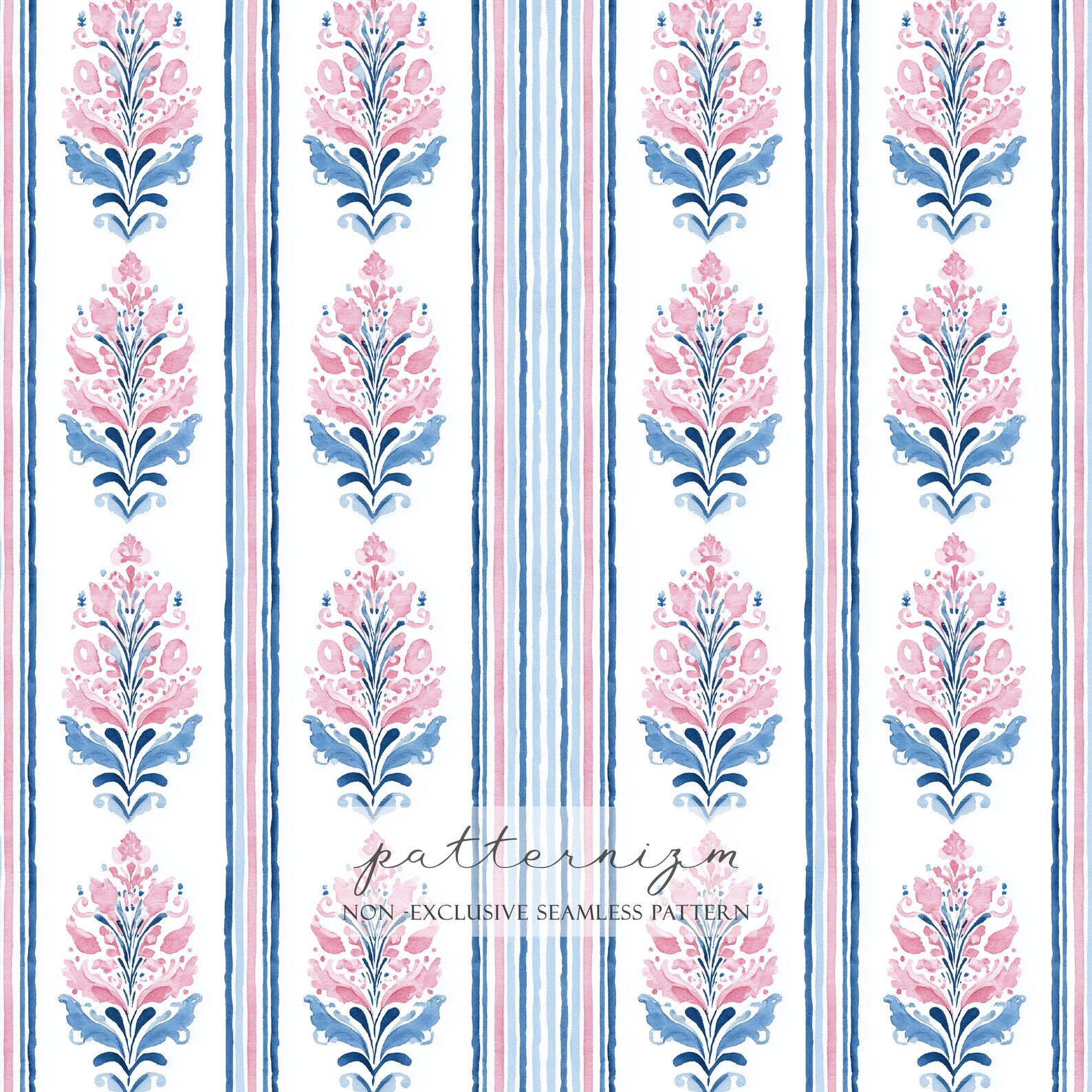 Watercolor Floral Stripes Seamless Background, Blue and Pink Pattern ...