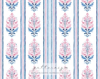 Watercolor Floral Stripes Seamless Background, Blue and Pink Pattern, Grandmillenial Pattern, Repeat, Wallpaper, Scrapbook, Journal, Digital