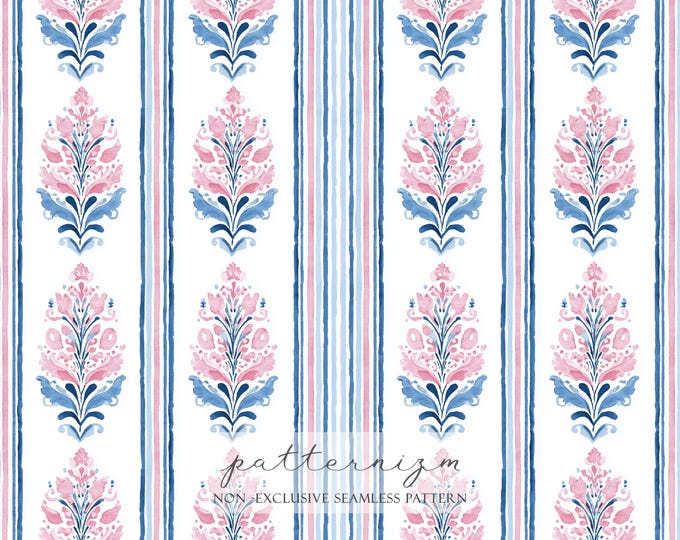 Watercolor Floral Stripes Seamless Background, Blue and Pink Pattern, Grandmillenial Pattern, Repeat, Wallpaper, Scrapbook, Journal, Digital