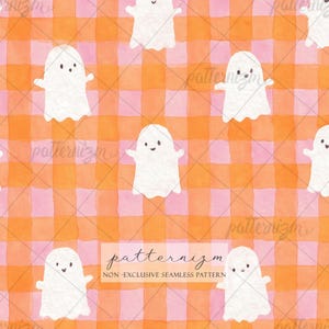 May include: Seamless pattern featuring white cartoon ghosts on a pink and orange checkered background. The ghosts have simple, smiling faces. The text "patternizm NON-EXCLUSIVE SEAMLESS PATTERN" is at the bottom.