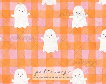 Ghost Gingham Pattern Digital Download – Cute Halloween Checkered Seamless Design, Pastel Spooky Pattern, Trendy Kids Print